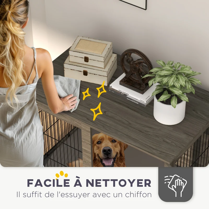 Cage pour chien table 100 x 60 x 73,5 cm coussin déhoussable porte verrouillable design en panneau de particules gris 21_0007308