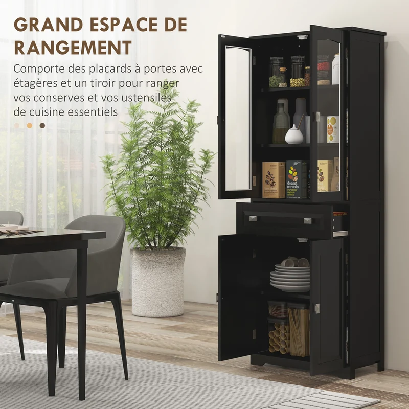 Buffet vitrine salle à manger 4 portes 1 tiroir 60 x 30 x 160 cm rangement pratique design contemporain en MDF noir 21_0002352