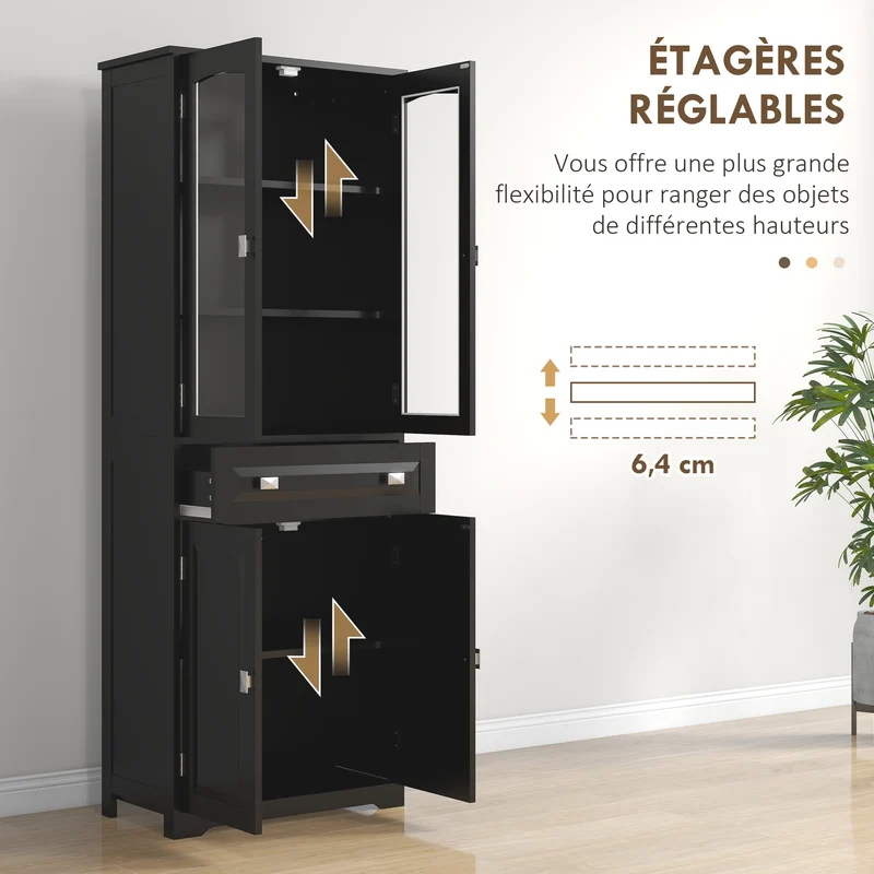 Buffet vitrine salle à manger 4 portes 1 tiroir 60 x 30 x 160 cm rangement pratique design contemporain en MDF noir 21_0002352