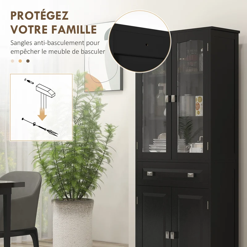 Buffet vitrine salle à manger 4 portes 1 tiroir 60 x 30 x 160 cm rangement pratique design contemporain en MDF noir 21_0002352