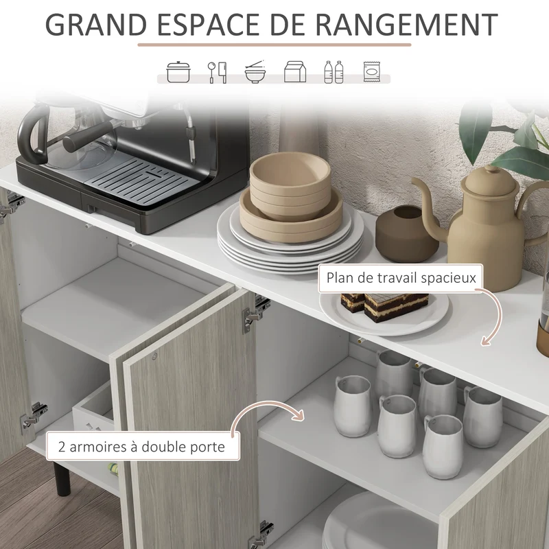 Buffet de cuisine 121 x 37 x 75 cm étagères réglables portes sans poignées contemporain en panneau de particules blanc 21_0003215