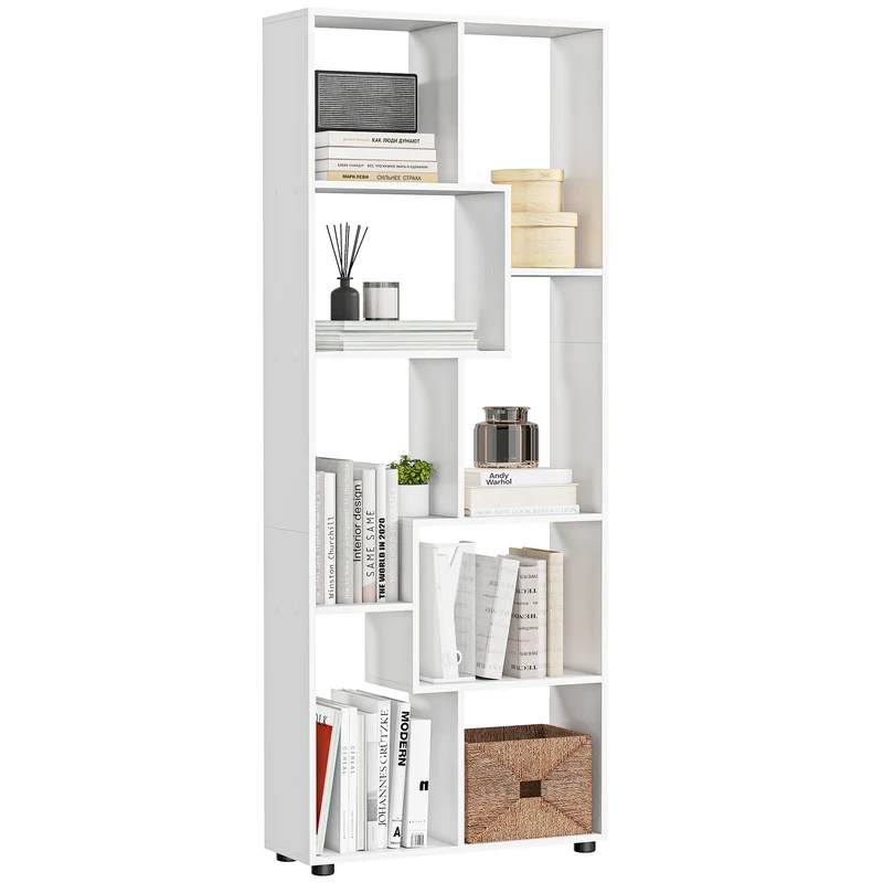 Bibliothèque étagère zig zag salon 70 x 24 x 178 cm grand rangement compact contemporain en panneaux de particules blanc 21_0002424