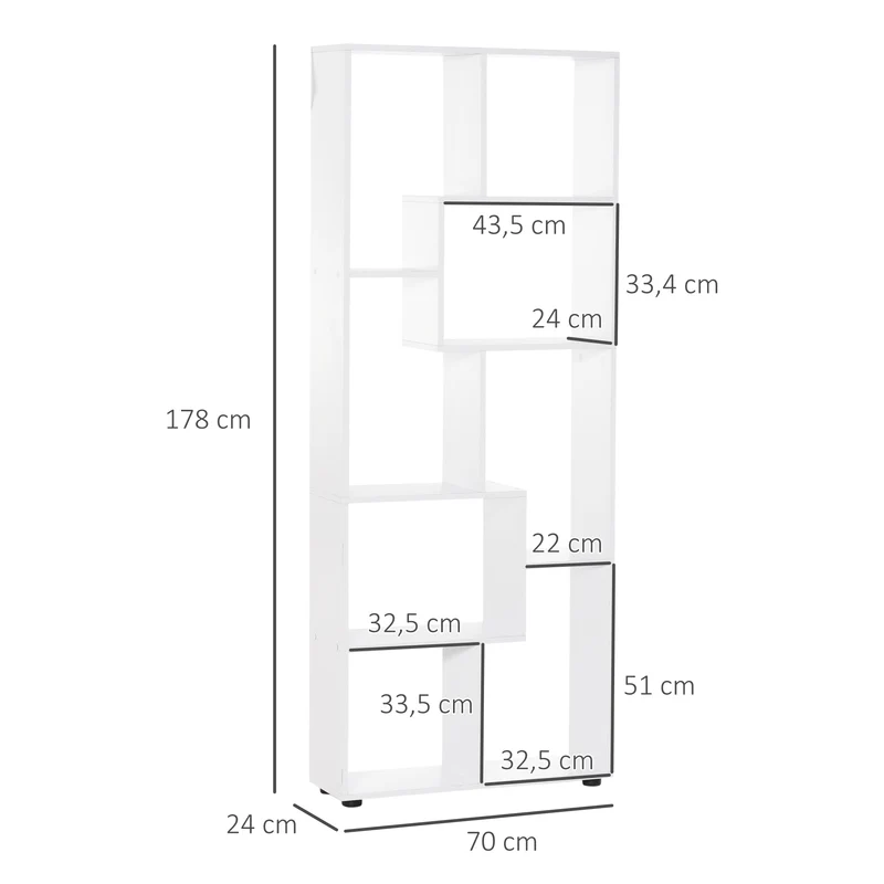 Bibliothèque étagère zig zag salon 70 x 24 x 178 cm grand rangement compact contemporain en panneaux de particules blanc 21_0002424