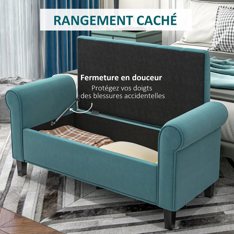 Banc de rangement bout de lit 126 x 48.5 x 57 cm coffre capitonné assise rembourrée style contemporain en polyester vert 21_0002911
