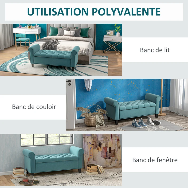 Banc de rangement bout de lit 126 x 48.5 x 57 cm coffre capitonné assise rembourrée style contemporain en polyester vert 21_0002911
