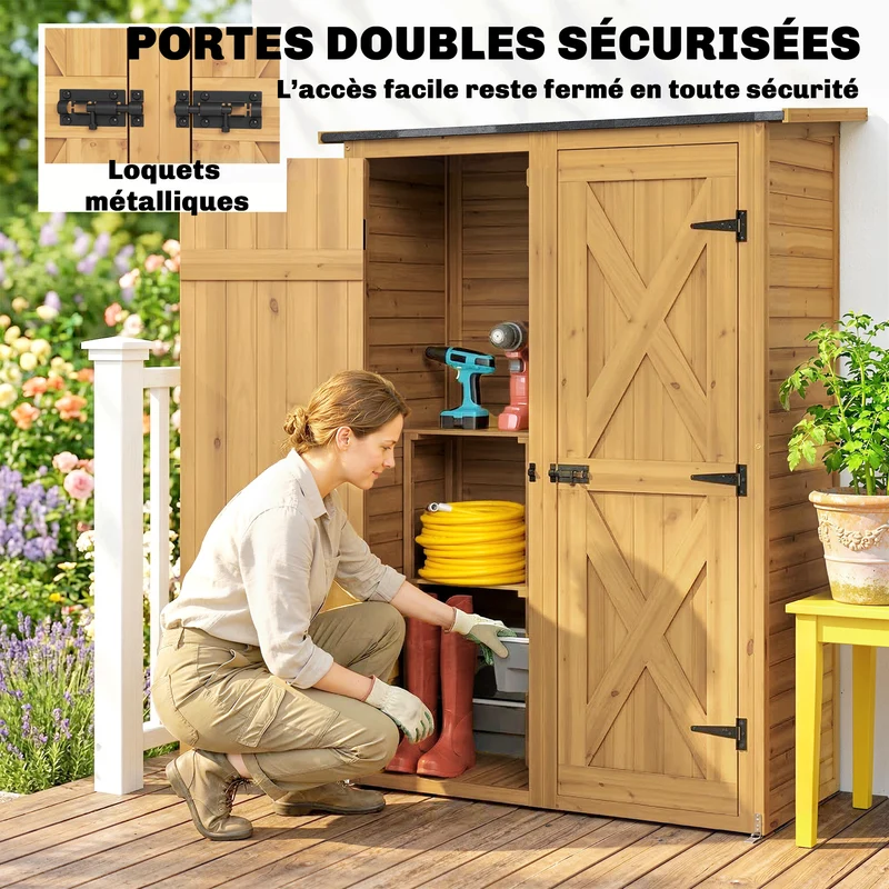 Armoire de jardin 115 x 53 x 156 cm 2 étagères toit incliné style rustique compacte idéal patio balcon en bois marron 21_0005666