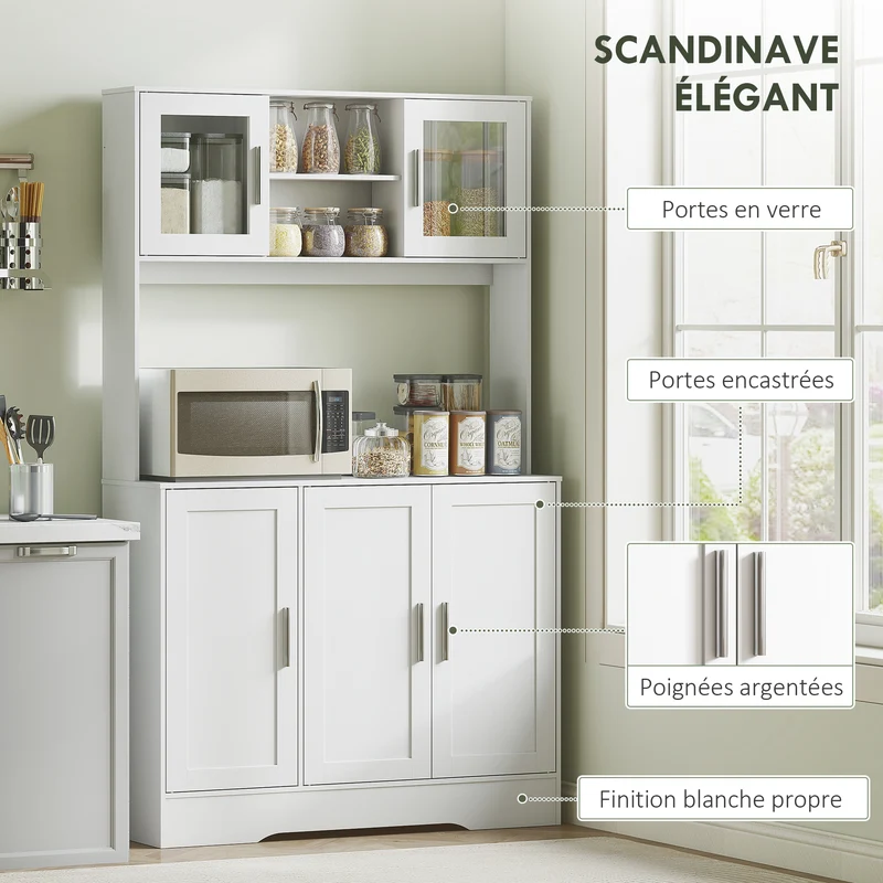 Armoire de cuisine rangement 108 x 35 x 180 cm plan de travail large étagères ajustables scandinave épuré en MDF blanc 21_0003304