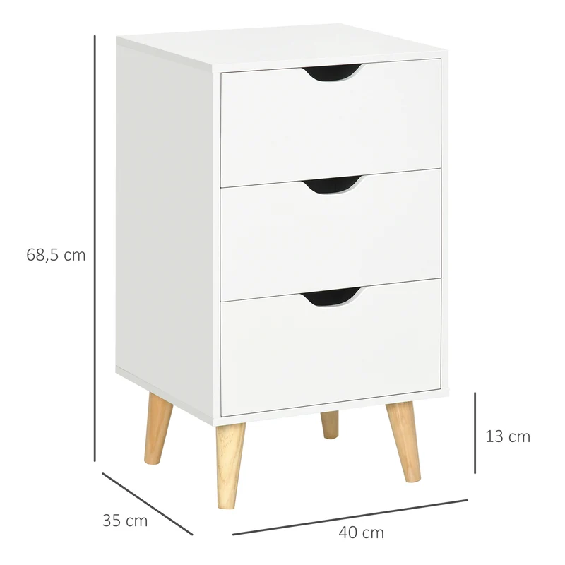 Table de chevet scandinave pour chambre 40 x 35 x 68.5 cm 3 tiroirs rangement pratique plateau minimaliste en MDF blanc 21_0001527