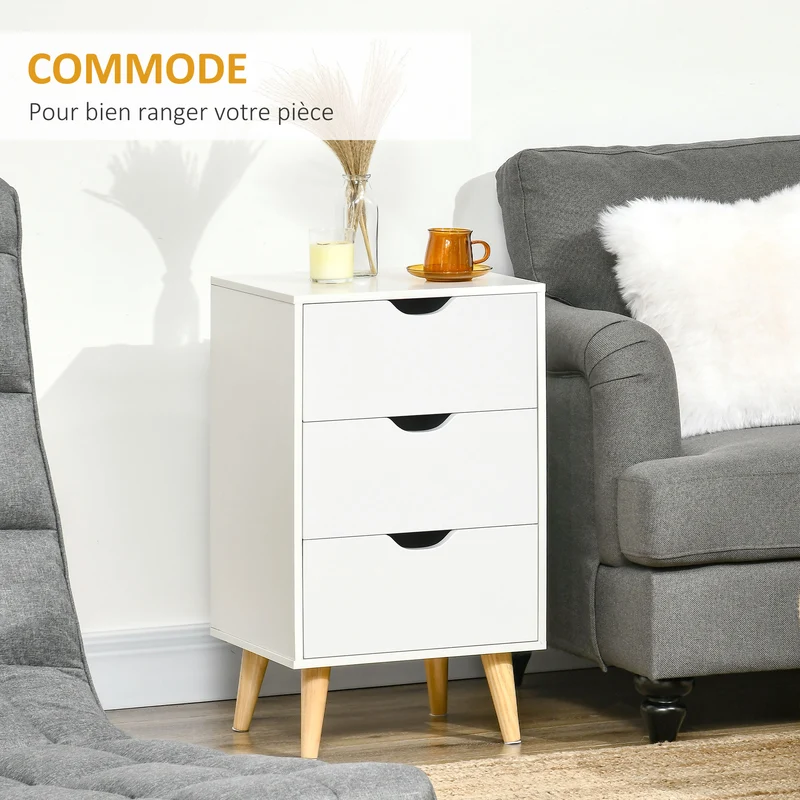 Table de chevet scandinave pour chambre 40 x 35 x 68.5 cm 3 tiroirs rangement pratique plateau minimaliste en MDF blanc 21_0001527