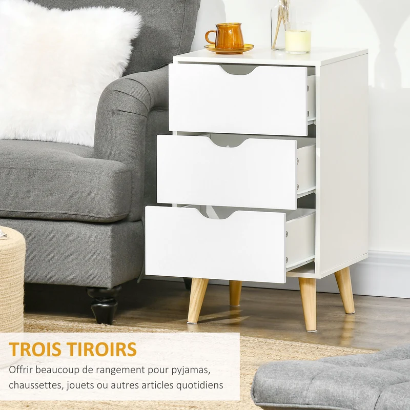 Table de chevet scandinave pour chambre 40 x 35 x 68.5 cm 3 tiroirs rangement pratique plateau minimaliste en MDF blanc 21_0001527
