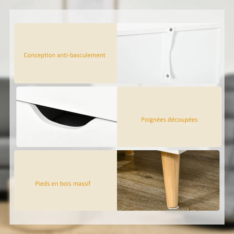 Table de chevet scandinave pour chambre 40 x 35 x 68.5 cm 3 tiroirs rangement pratique plateau minimaliste en MDF blanc 21_0001527