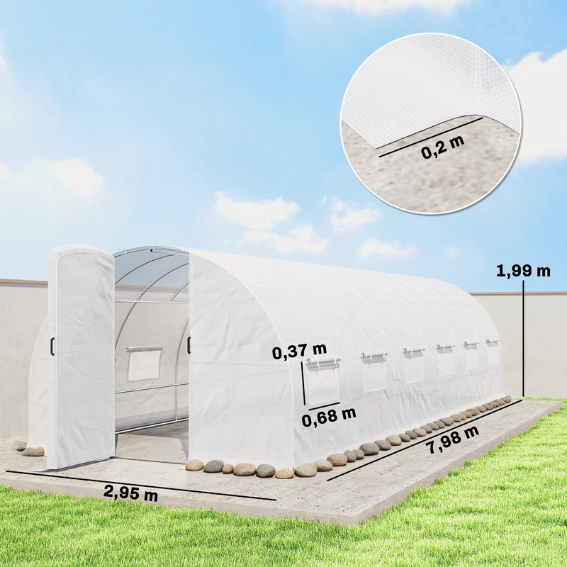 Serre tunnel de jardin 295 x 798 x 199 cm ventilation réglable porte battante style moderne contemporain en pe blanc 21_0005590