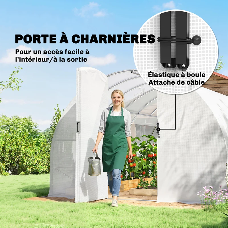 Serre tunnel de jardin 295 x 798 x 199 cm ventilation réglable porte battante style moderne contemporain en pe blanc 21_0005590