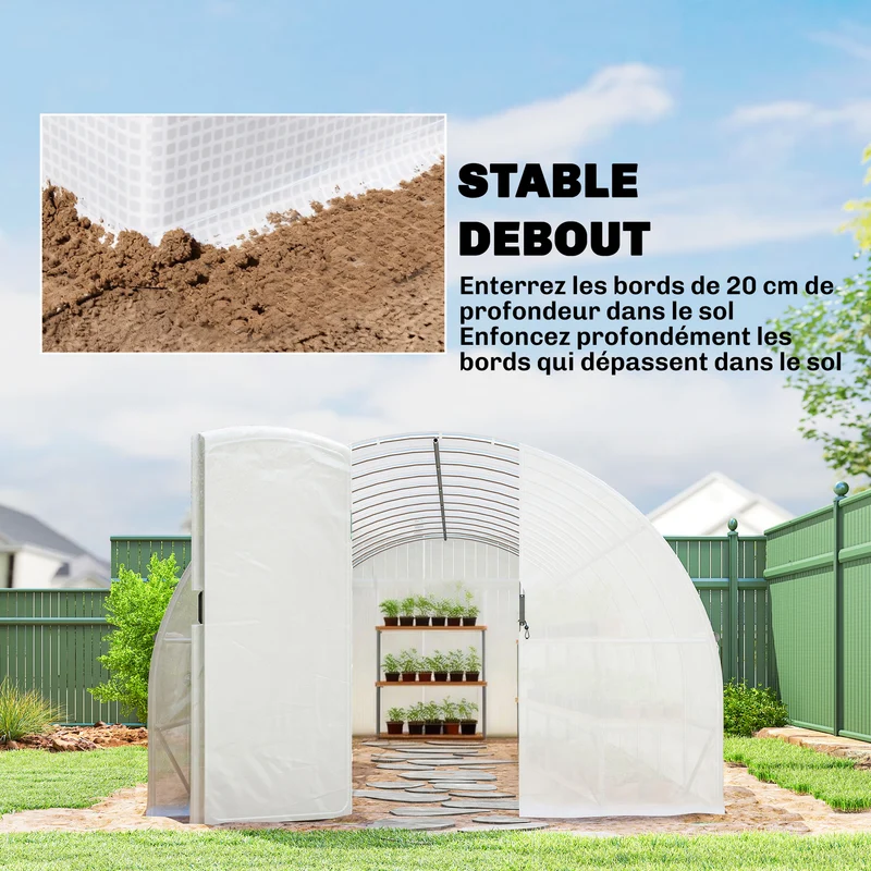 Serre tunnel de jardin 295 x 798 x 199 cm ventilation réglable porte battante style moderne contemporain en pe blanc 21_0005590