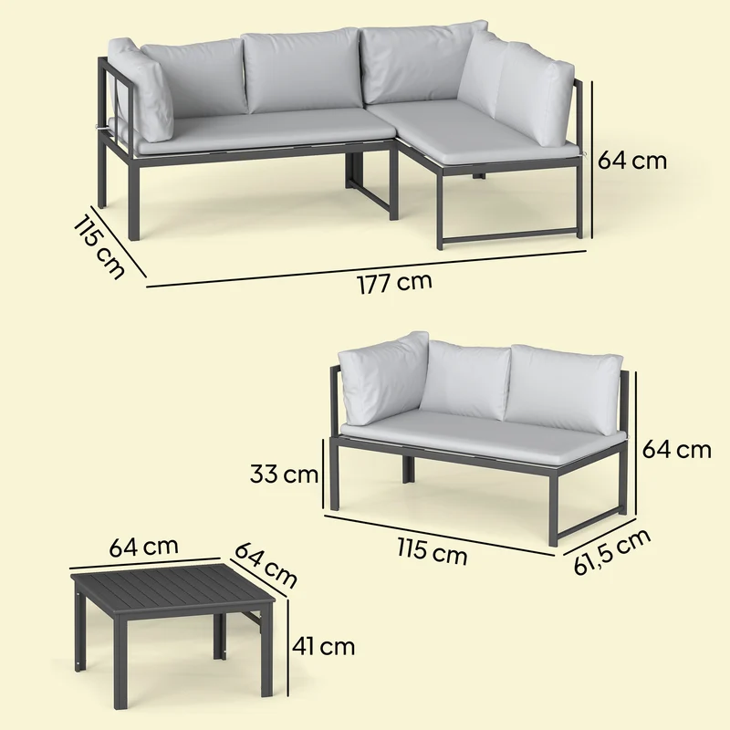 Salon de jardin modulable 3 pièces 177 x 115 x 64 cm accoudoir réglable assise épaisse moderne scandinave en métal gris 21_0005716