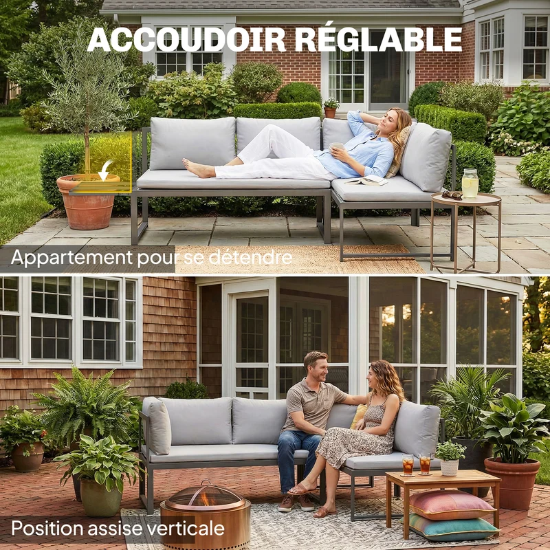 Salon de jardin modulable 3 pièces 177 x 115 x 64 cm accoudoir réglable assise épaisse moderne scandinave en métal gris 21_0005716