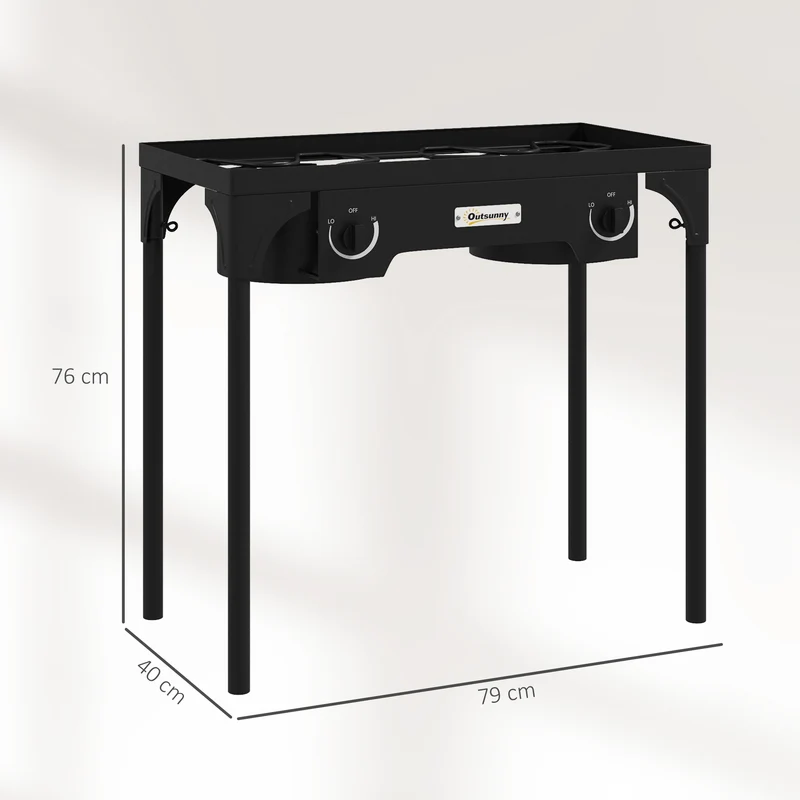 Réchaud 2 brûleurs portable camping extérieur 79 x 40 x 76 cm haute puissance cuisson rapide contemporain en métal noir 21_0006483