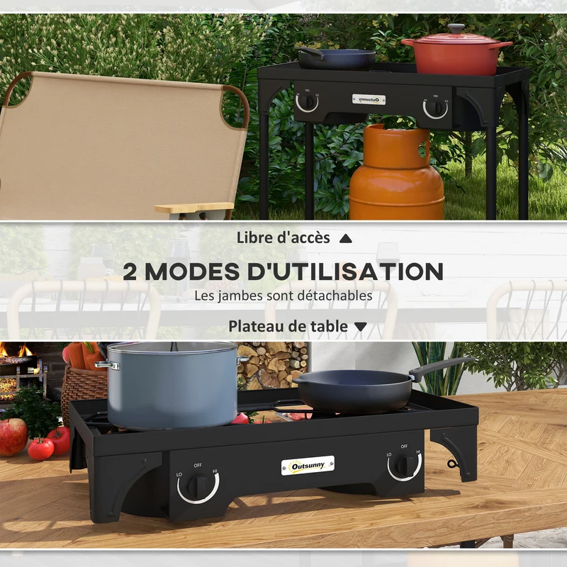 Réchaud 2 brûleurs portable camping extérieur 79 x 40 x 76 cm haute puissance cuisson rapide contemporain en métal noir 21_0006483