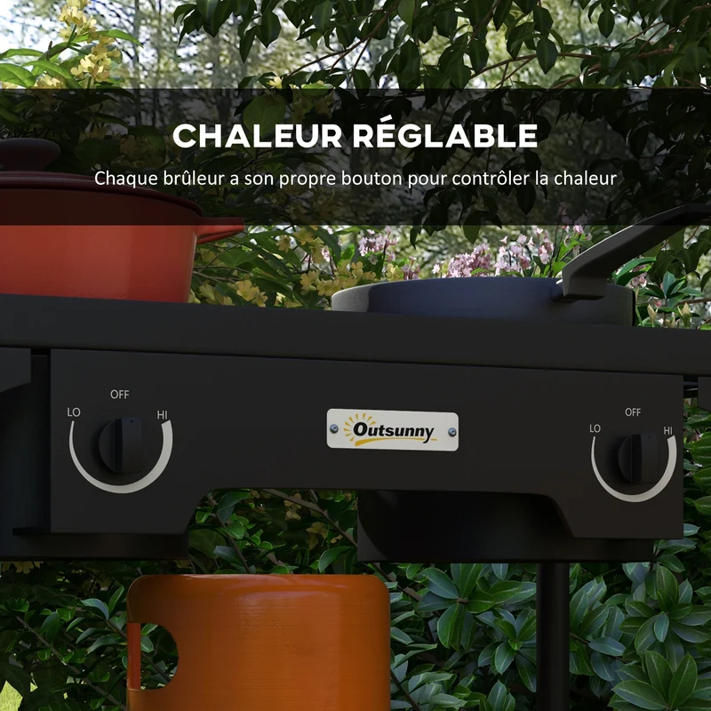 Réchaud 2 brûleurs portable camping extérieur 79 x 40 x 76 cm haute puissance cuisson rapide contemporain en métal noir 21_0006483