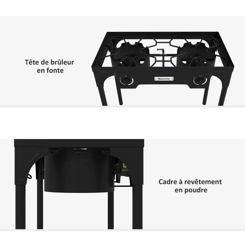 Réchaud 2 brûleurs portable camping extérieur 79 x 40 x 76 cm haute puissance cuisson rapide contemporain en métal noir 21_0006483