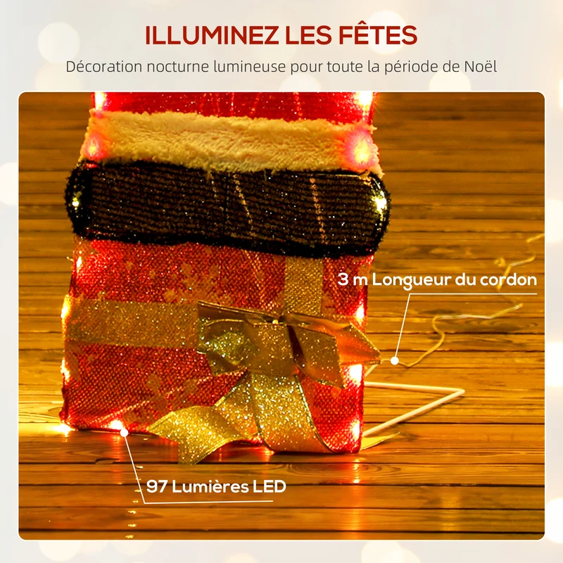 Père noël lumineux déco intérieur extérieur 93 x 52 x 30 cm 97 led blanc chaud clignote moderne en polyester multicolore 21_0005693