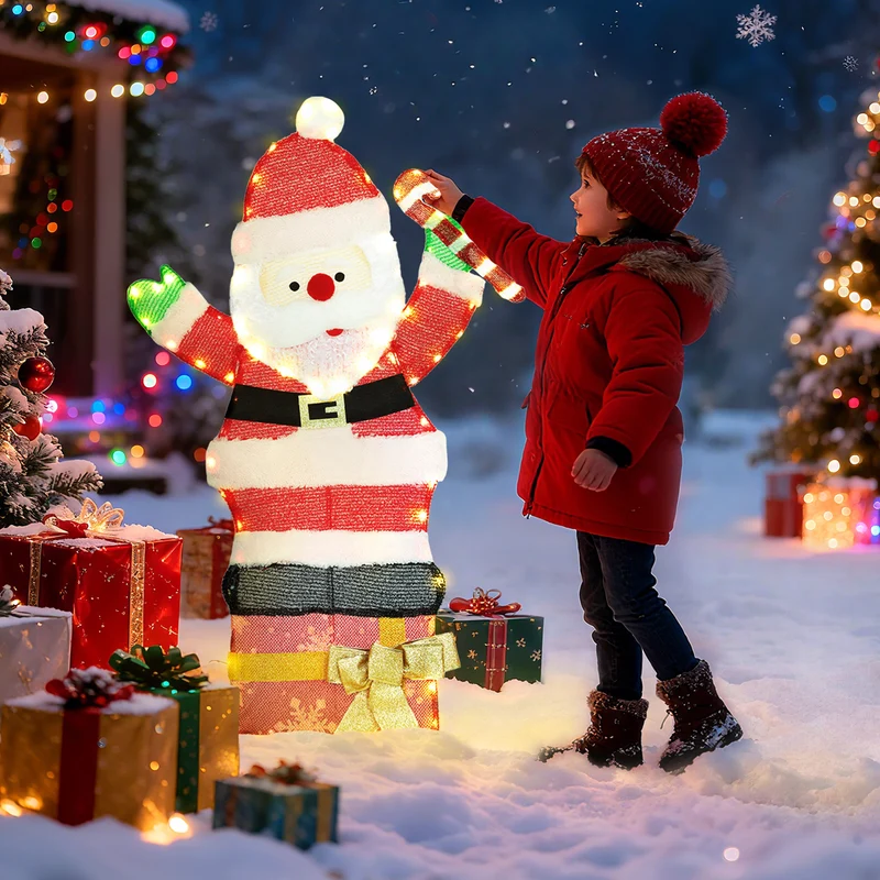 Père noël lumineux déco intérieur extérieur 93 x 52 x 30 cm 97 led blanc chaud clignote moderne en polyester multicolore 21_0005693