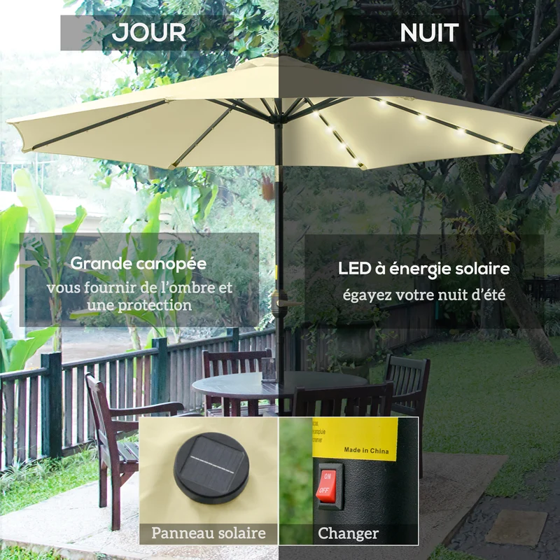 Parasol de jardin rond 265 x 233 cm manivelle inclinable éclairage solaire intégré style contemporain en polyester beige 21_0005046
