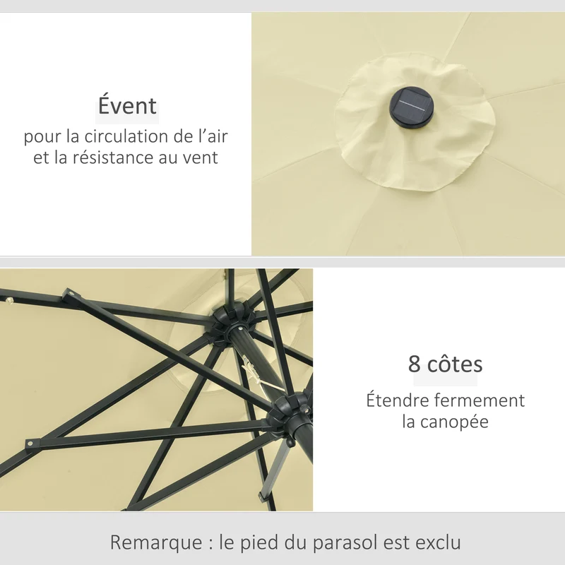 Parasol de jardin rond 265 x 233 cm manivelle inclinable éclairage solaire intégré style contemporain en polyester beige 21_0005046