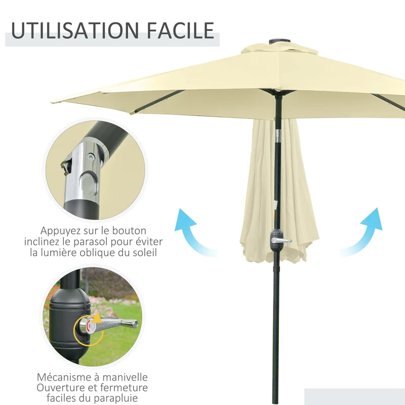 Parasol de jardin rond 265 x 233 cm manivelle inclinable éclairage solaire intégré style contemporain en polyester beige 21_0005046
