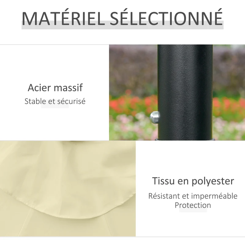 Parasol de jardin rond 265 x 233 cm manivelle inclinable éclairage solaire intégré style contemporain en polyester beige 21_0005046