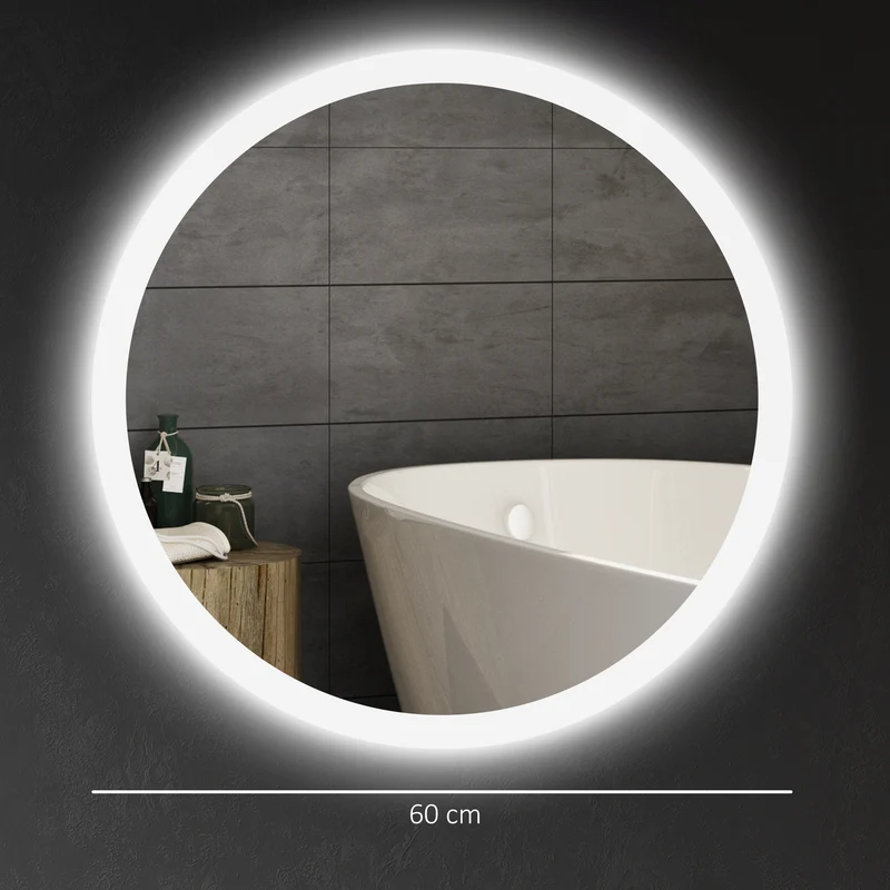Miroir rond lumineux mural salle de bain 60 x 60 x 3 cm antibuée interrupteur tactile moderne épuré en verre argent 21_0001971