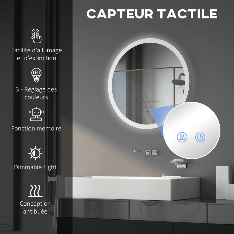 Miroir rond lumineux mural salle de bain 60 x 60 x 3 cm antibuée interrupteur tactile moderne épuré en verre argent 21_0001971