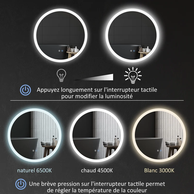 Miroir rond lumineux mural salle de bain 60 x 60 x 3 cm antibuée interrupteur tactile moderne épuré en verre argent 21_0001971