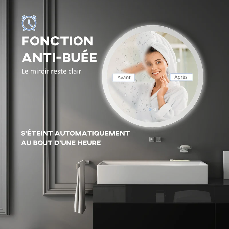 Miroir rond lumineux mural salle de bain 60 x 60 x 3 cm antibuée interrupteur tactile moderne épuré en verre argent 21_0001971