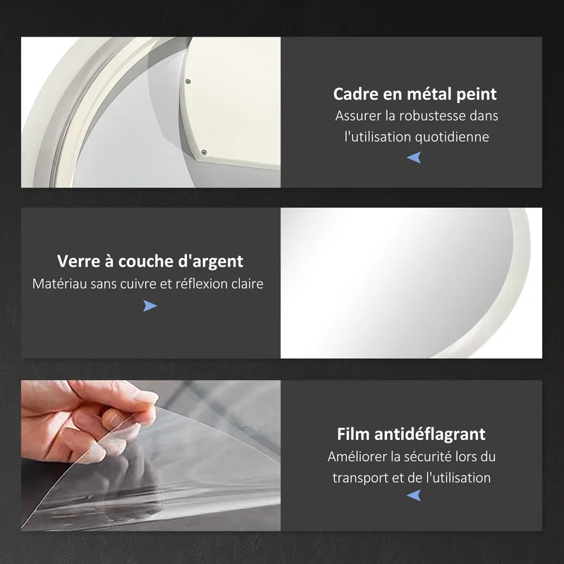 Miroir rond lumineux mural salle de bain 60 x 60 x 3 cm antibuée interrupteur tactile moderne épuré en verre argent 21_0001971