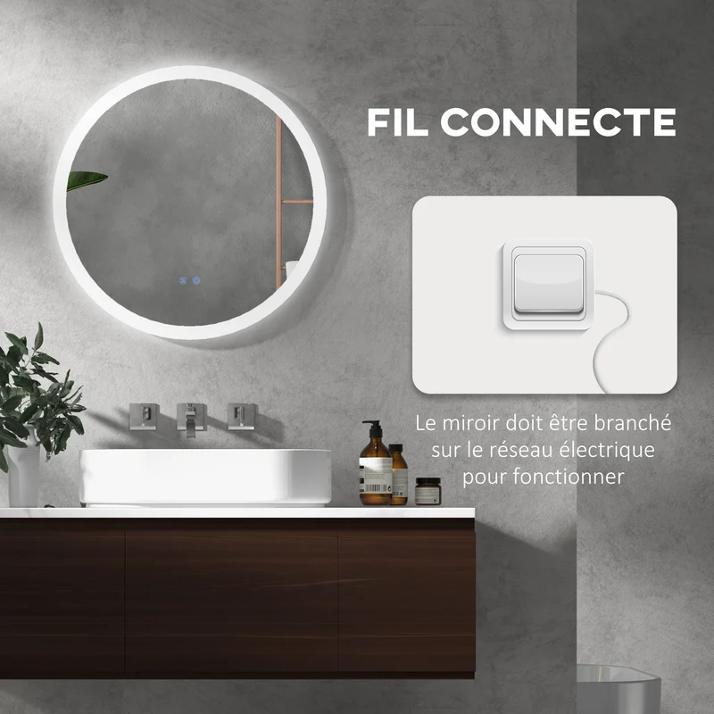 Miroir rond lumineux mural salle de bain 60 x 60 x 3 cm antibuée interrupteur tactile moderne épuré en verre argent 21_0001971