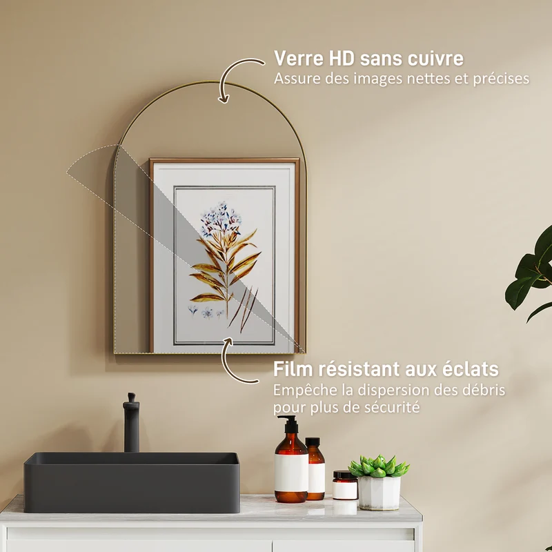 Miroir mural arqué salle de bain 50 x 3 x 70 cm anti rouille anti éclats style moderne épuré en alliage d'aluminium or 21_0002063