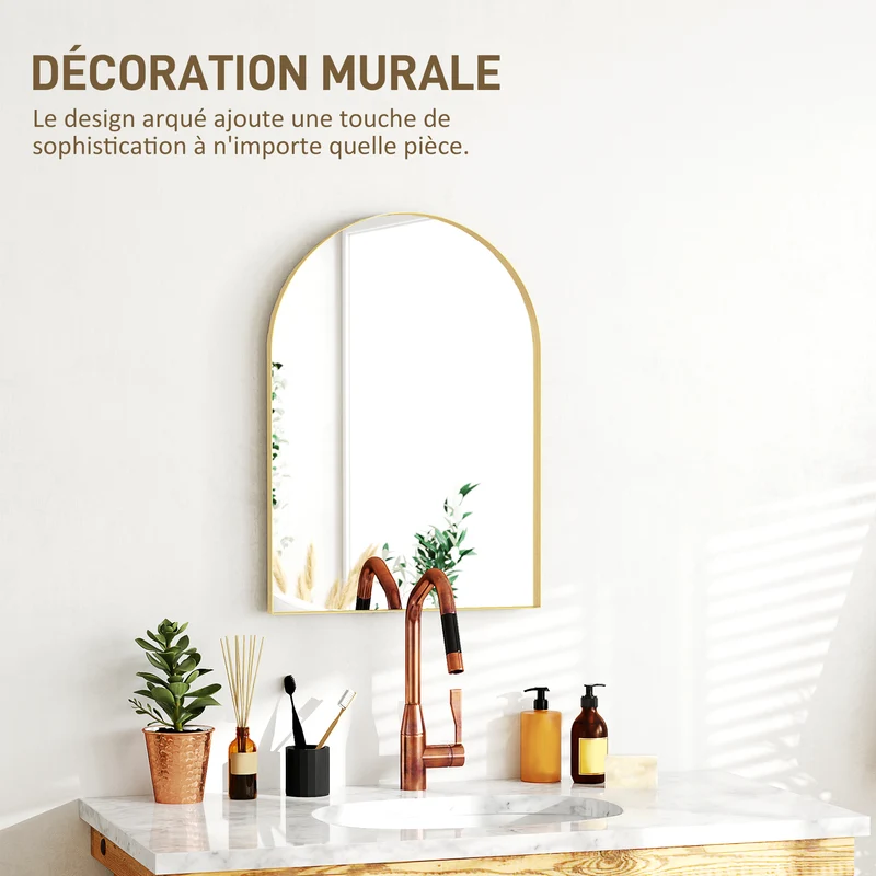 Miroir mural arqué salle de bain 50 x 3 x 70 cm anti rouille anti éclats style moderne épuré en alliage d'aluminium or 21_0002063