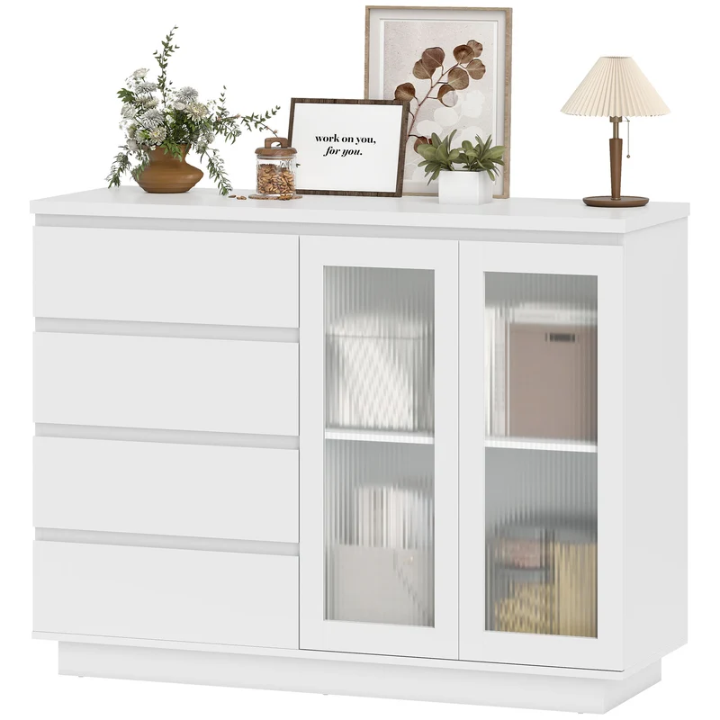 Buffet de salon rangement 120 x 40 x 91 cm 4 tiroirs 2 portes étagère réglable fermeture douce contemporain en MDF blanc 21_0003583