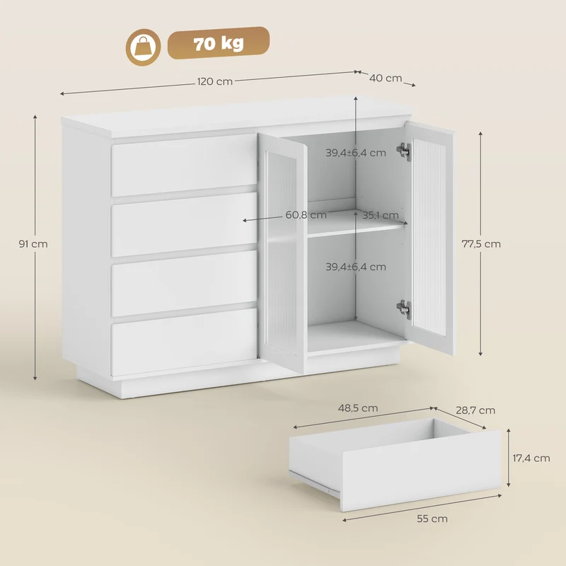 Buffet de salon rangement 120 x 40 x 91 cm 4 tiroirs 2 portes étagère réglable fermeture douce contemporain en MDF blanc 21_0003583