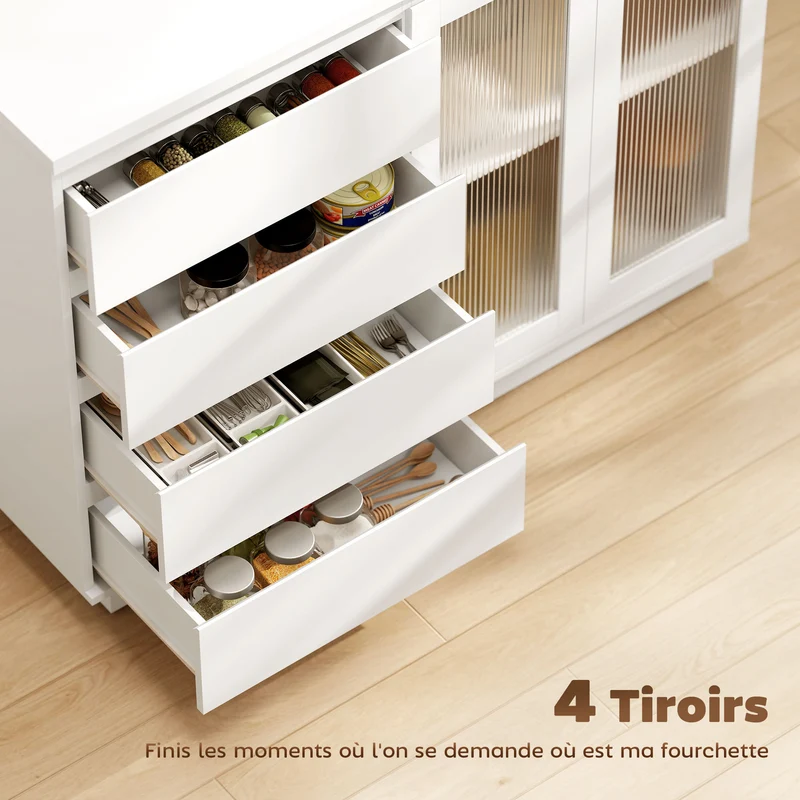 Buffet de salon rangement 120 x 40 x 91 cm 4 tiroirs 2 portes étagère réglable fermeture douce contemporain en MDF blanc 21_0003583
