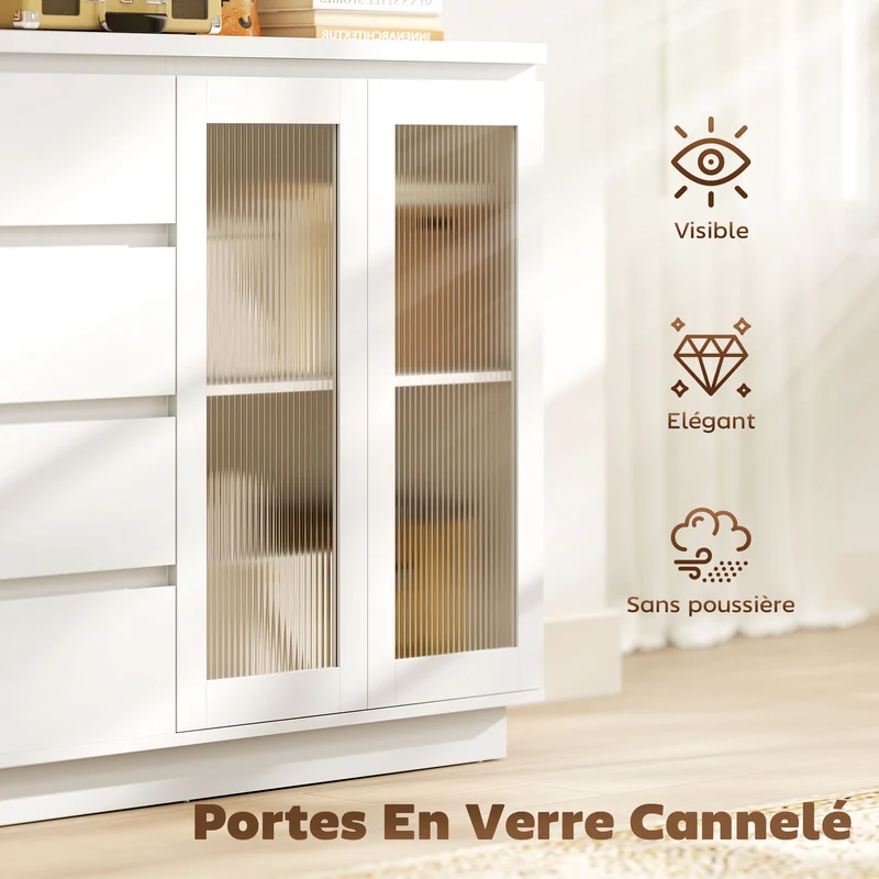 Buffet de salon rangement 120 x 40 x 91 cm 4 tiroirs 2 portes étagère réglable fermeture douce contemporain en MDF blanc 21_0003583
