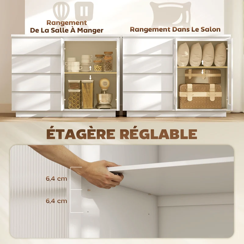 Buffet de salon rangement 120 x 40 x 91 cm 4 tiroirs 2 portes étagère réglable fermeture douce contemporain en MDF blanc 21_0003583