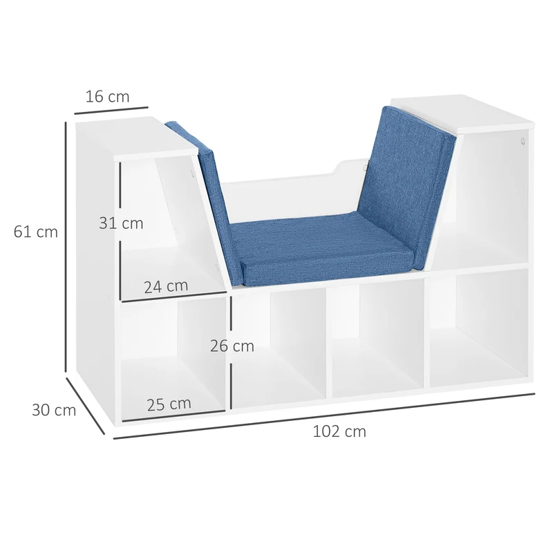 Bibliothèque banc 2 en 1 coin lecture 102 x 30 x 61 cm assise 6 casiers style moderne en panneaux de particules bleu 21_0002412