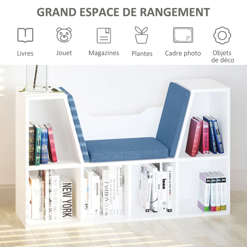 Bibliothèque banc 2 en 1 coin lecture 102 x 30 x 61 cm assise 6 casiers style moderne en panneaux de particules bleu 21_0002412