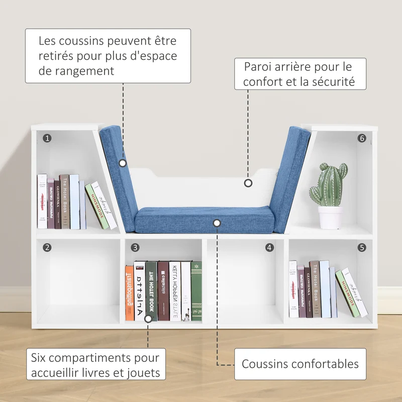 Bibliothèque banc 2 en 1 coin lecture 102 x 30 x 61 cm assise 6 casiers style moderne en panneaux de particules bleu 21_0002412