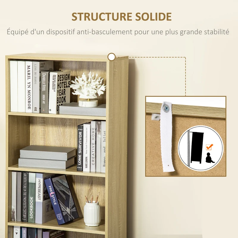 Bibliothèque armoire à livres salon 59 x 29 x 180 cm rangement sécurisé scandinave en panneau de particules bois naturel 21_0002481