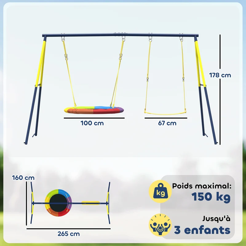 Balançoire portique enfant double 265 x 160 x 178 cm stabilité réglable nid et ceinture jardin scandinave en acier bleu 21_0000386