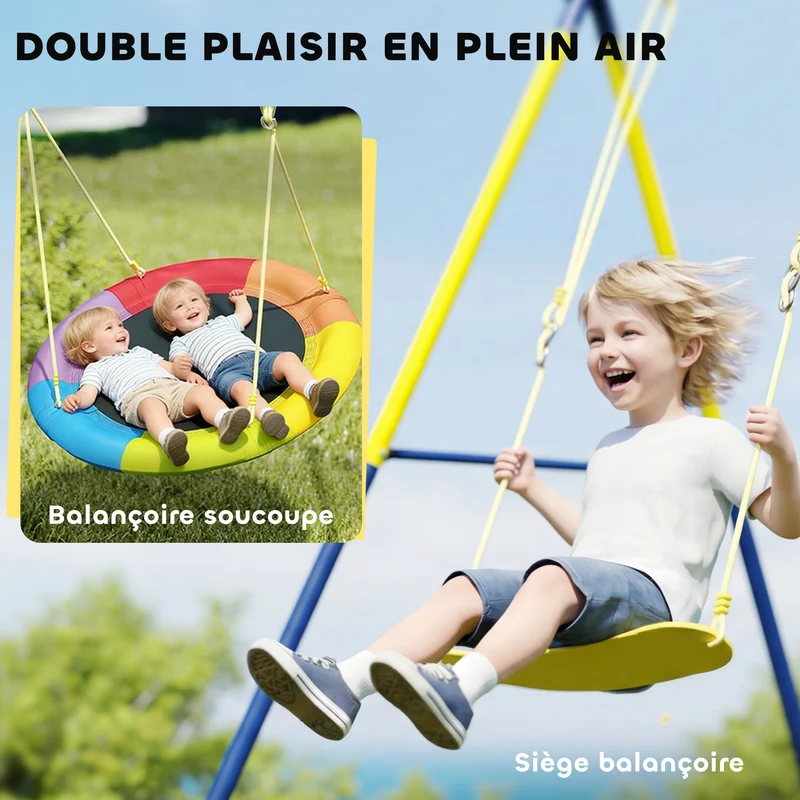 Balançoire portique enfant double 265 x 160 x 178 cm stabilité réglable nid et ceinture jardin scandinave en acier bleu 21_0000386