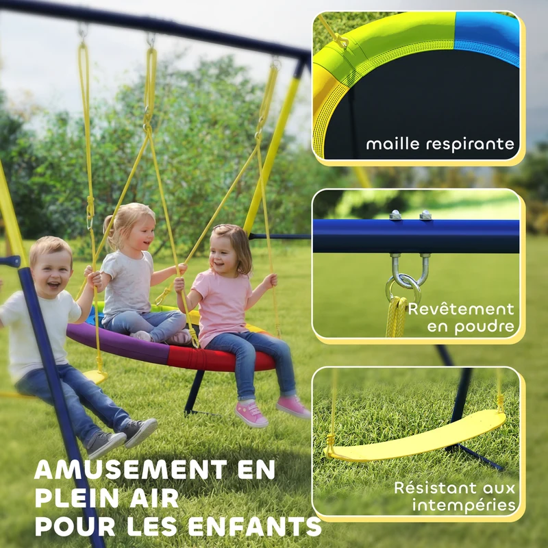 Balançoire portique enfant double 265 x 160 x 178 cm stabilité réglable nid et ceinture jardin scandinave en acier bleu 21_0000386